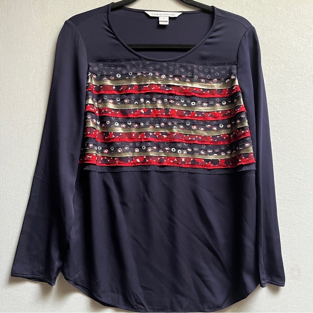 Diane von Furstenberg Statement Ruffle Front Abstract Silk Top Navy Size 4